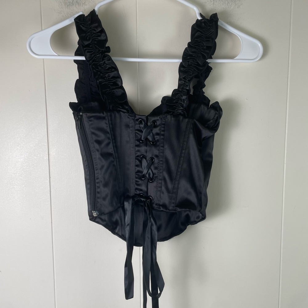 Trickz N Treatz XXS Black Corset Top Ruffle Strap Lace Up Sexy Clubwear